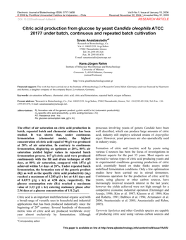 Citric Acid Production from Glucose by Yeast Candida Oleophila ATCC 20177 Under Batch, Continuous and Repeated Batch Cultivation