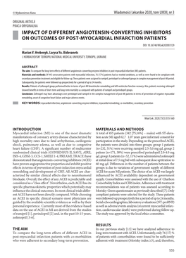 IMPACT of DIFFERENT ANGIOTENSIN-CONVERTING INHIBITORS on OUTCOMES of POST-MYOCARDIAL INFARCTION PATIENTS DOI: 10.36740/Wlek202003129