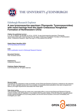 Edinburgh Research Explorer a New Tyrannosaurine Specimen (Theropoda: Tyrannosauroidea) with Insect Borings from the Upper Cretaceous Honglishan