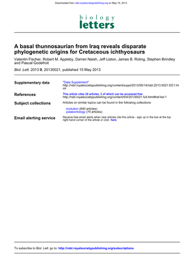 Phylogenetic Origins for Cretaceous Ichthyosaurs a Basal Thunnosaurian