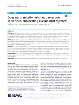 Does Nest Sanitation Elicit Egg Rejection in an Open‑Cup Nesting Cuckoo Host Rejecter? Tongping Su1,2 , Chanchao Yang2 , Shuihua Chen1* and Wei Liang2*