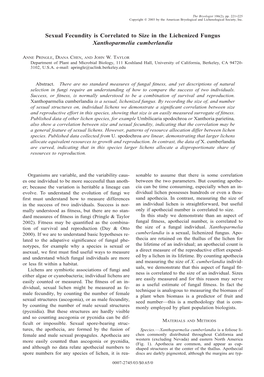 Sexual Fecundity Is Correlated to Size in the Lichenized Fungus Xanthoparmelia Cumberlandia