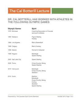 Dr. Cal Botterill Has Worked with Athletes in the Following Olympic Games