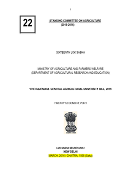 Standing Committee on Agriculture (2015-2016) Sixteenth Lok Sabha Ministry of Agriculture and Farmers Welfare (Department Of