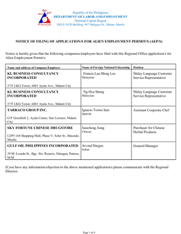 Notice of Filing of Application/S for Alien Employment Permit/S (Aep/S)