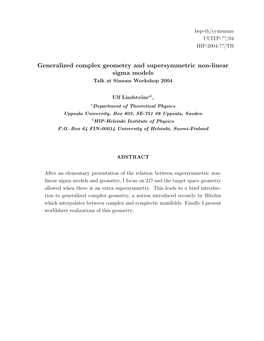 Generalized Complex Geometry and Supersymmetric Non-Linear Sigma Models Talk at Simons Workshop 2004