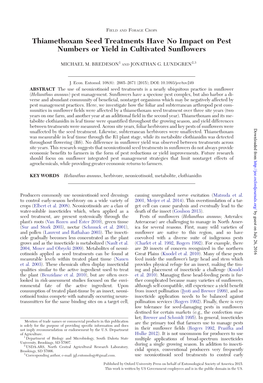 Thiamethoxam Seed Treatments Have No Impact on Pest Numbers Or Yield in Cultivated Sunflowers