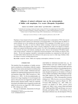 Influence of Natural Settlement Cues on the Metamorphosis of Fiddler Crab Megalopae, Uca Vocator (Decapoda: Ocypodidae)