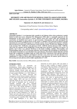 DIVERSITY and ABUNDANCE of DIURNAL INSECTS ASSOCIATED with DRY SEASON Amaranthus Hybridus L