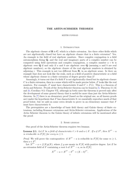 THE ARTIN-SCHREIER THEOREM 1. Introduction the Algebraic Closure