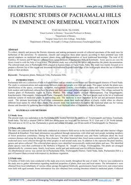 Floristic Studies of Pachamalai Hills in Eminence on Remedial Vegetation