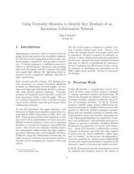 Using Centrality Measures to Identify Key Members of an Innovation Collaboration Network