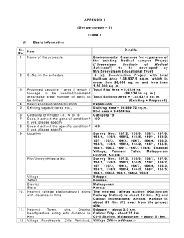 FORM 1 (I) Basic Information Sr. No. Item Details 1. Name of the Project/S