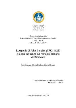 L'argenis Di John Barclay (1582-1621) E La Sua Influenza Sul Romanzo Italiano Del Seicento