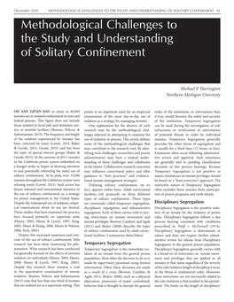 METHODOLOGICAL CHALLENGES to the STUDY and UNDERSTANDING of SOLITARY CONFINEMENT 45 Methodological Challenges to the Study and Understanding of Solitary Confinement