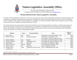 Women Elected to the Yukon Legislative Assembly