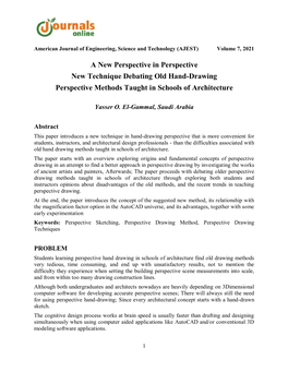 A New Perspective in Perspective New Technique Debating Old Hand-Drawing Perspective Methods Taught in Schools of Architecture