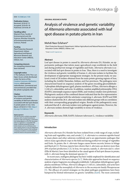 Analysis of Virulence and Genetic Variability of Alternaria Alternata