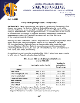 2021 Season 2 CIF Sports Championship Calendar