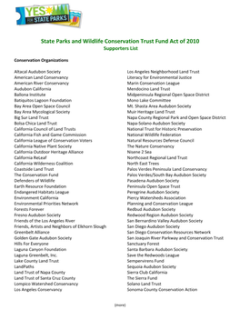 State Parks and Wildlife Conservation Trust Fund Act of 2010 Supporters List