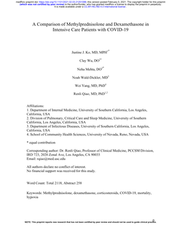 A Comparison of Methylprednisolone and Dexamethasone in Intensive Care Patients with COVID-19