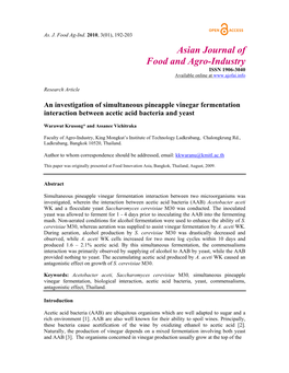 An Investigation of Simultaneous Pineapple Vinegar Fermentation Interaction Between Acetic Acid Bacteria and Yeast