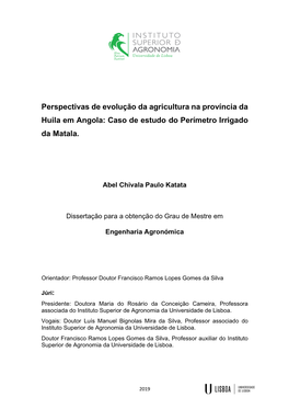 Perspectivas De Evolução Da Agricultura Na Província Da Huila Em Angola: Caso De Estudo Do Perímetro Irrigado Da Matala