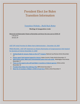 President Elect Joe Biden Transition Information