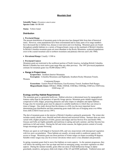 Mountain Goat Scientific Name: Oreamnos Americanus Species Code: M-ORAM Status: Yellow Listed Distribution • Provincial Range