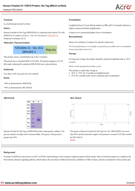 12/2/2020 Human Frizzled-10 / FZD10 Protein, His Tag (MALS Verified) Catalog # FRD-H52H3