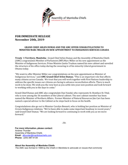 FOR IMMEDIATE RELEASE November 20Th, 2019