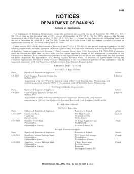 NOTICES DEPARTMENT of BANKING Actions on Applications