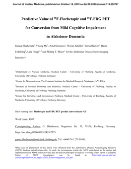 Predictive Value of 18F-Florbetapir and 18F-FDG PET for Conversion from Mild Cognitive Impairment to Alzheimer Dementia