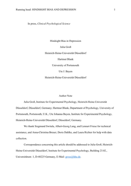 Running Head: HINDSIGHT BIAS and DEPRESSION 1 in Press, Clinical