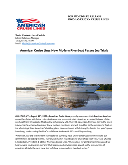 American Cruise Lines New Modern Riverboat Passes Sea Trials