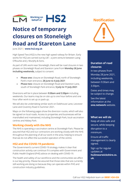 Notice of Temporary Closures on Stoneleigh Road and Stareton Lane June 2021|