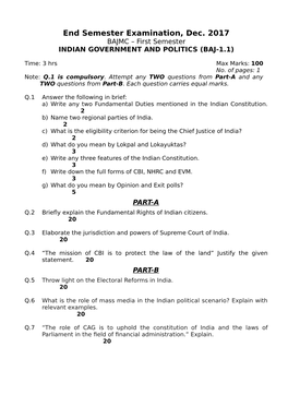 End Semester Examination, Dec. 2017 BAJMC – First Semester INDIAN GOVERNMENT and POLITICS (BAJ-1.1)