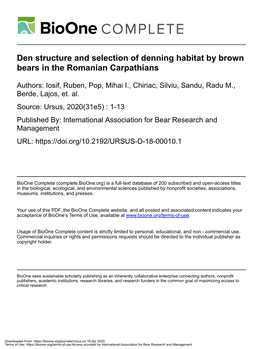 Den Structure and Selection of Denning Habitat by Brown Bears in the Romanian Carpathians