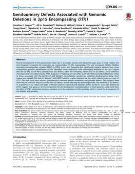 Genitourinary Defects Associated with Genomic Deletions in 2P15 Encompassing OTX1