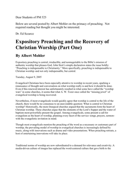 Expository Preaching and the Recovery of Christian Worship (Part One) by Albert Mohler