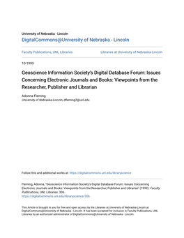 Geoscience Information Society's Digital Database Forum: Issues Concerning Electronic Journals and Books: Viewpoints from the Researcher, Publisher and Librarian