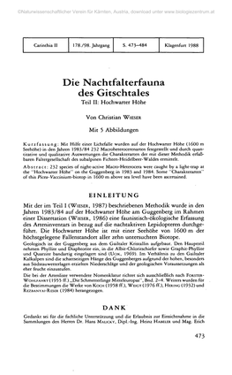 Die Nachtfalterfauna Des Gitschtales Teil II: Hochwarter Höhe