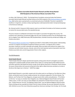 Freelance Journalists Rachel Kaadzi Ghansah and Abe Streep Named 2019 Recipients of the American Mosaic Journalism Prize