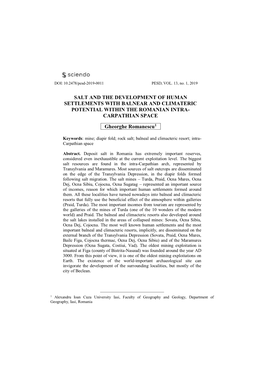 Salt and the Development of Human Settlements with Balnear and Climateric Potential Within the Romanian Intra- Carpathian Space