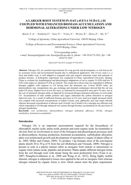 A Larger Root System in Oat (Avena Nuda L.) Is Coupled with Enhanced Biomass Accumulation and Hormonal Alterations Under Low Nitrogen - 4631