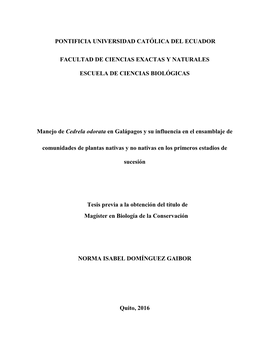 PONTIFICIA UNIVERSIDAD CATÓLICA DEL ECUADOR FACULTAD DE CIENCIAS EXACTAS Y NATURALES ESCUELA DE CIENCIAS BIOLÓGICAS Manejo De