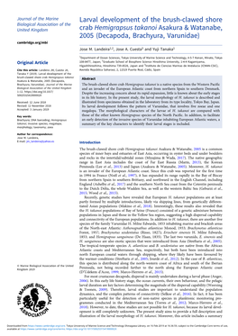 Larval Development of the Brush-Clawed Shore Crab Hemigrapsus Takanoi Abstract Asakura & Watanabe, 2005 (Decapoda, Brachyura, Varunidae)