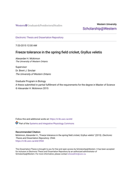 Freeze Tolerance in the Spring Field Cricket, Gryllus Veletis