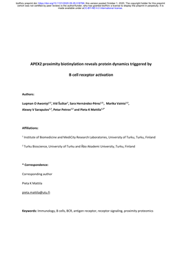 APEX2 Proximity Biotinylation Reveals Protein Dynamics Triggered by B Cell