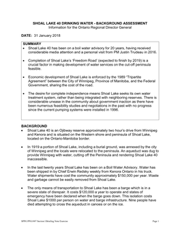 SHOAL LAKE 40 DRINKING WATER - BACKGROUND ASSESSMENT Information for the Ontario Regional Director General